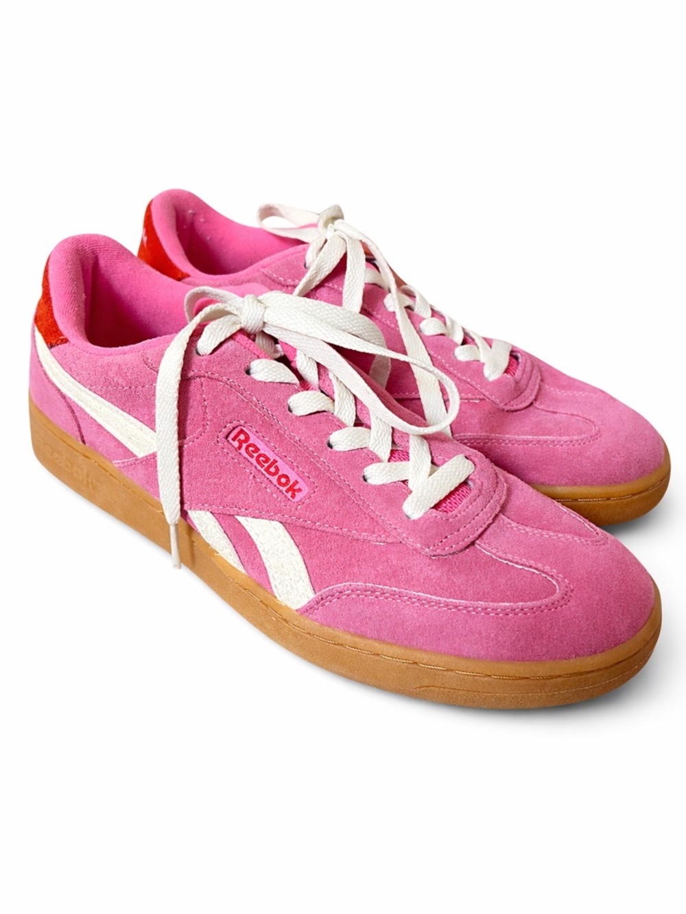 Reebok Pink Suede Sneakers with White Stripes and Gum Sole